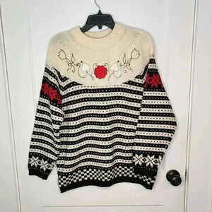 Sisley Relaxed Elegance Sweater Womens Medium Pullover Floral Stripe Virgin Wool